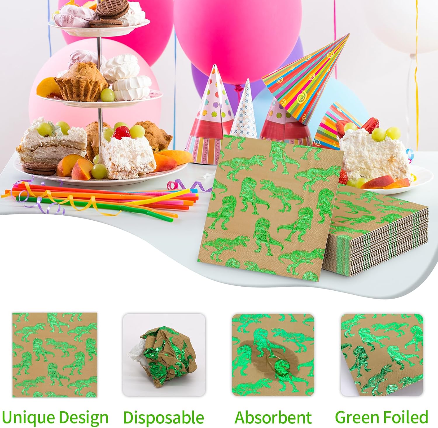 DYLIVeS Dinosaur Napkins 65 Inch Pack of 50 Green Foiled