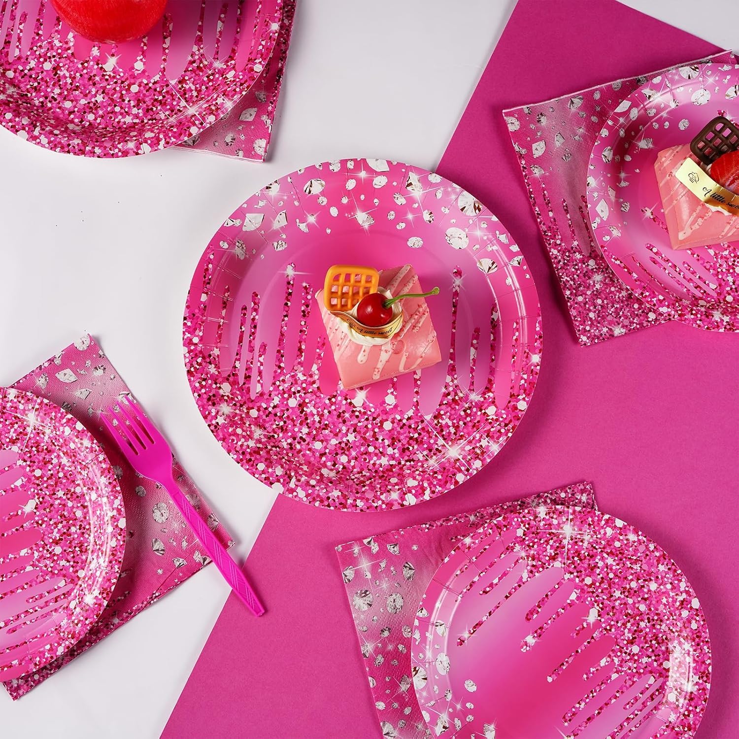 Grencian 96Pcs Hot Pink Silver Plates Tableware Set for Birthday Parties