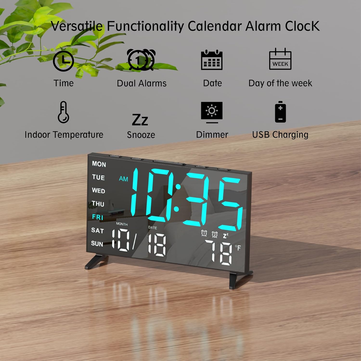 Mirror Digital Alarm Clock with Temperature and Dual Alarms BlackIce Blue Digit