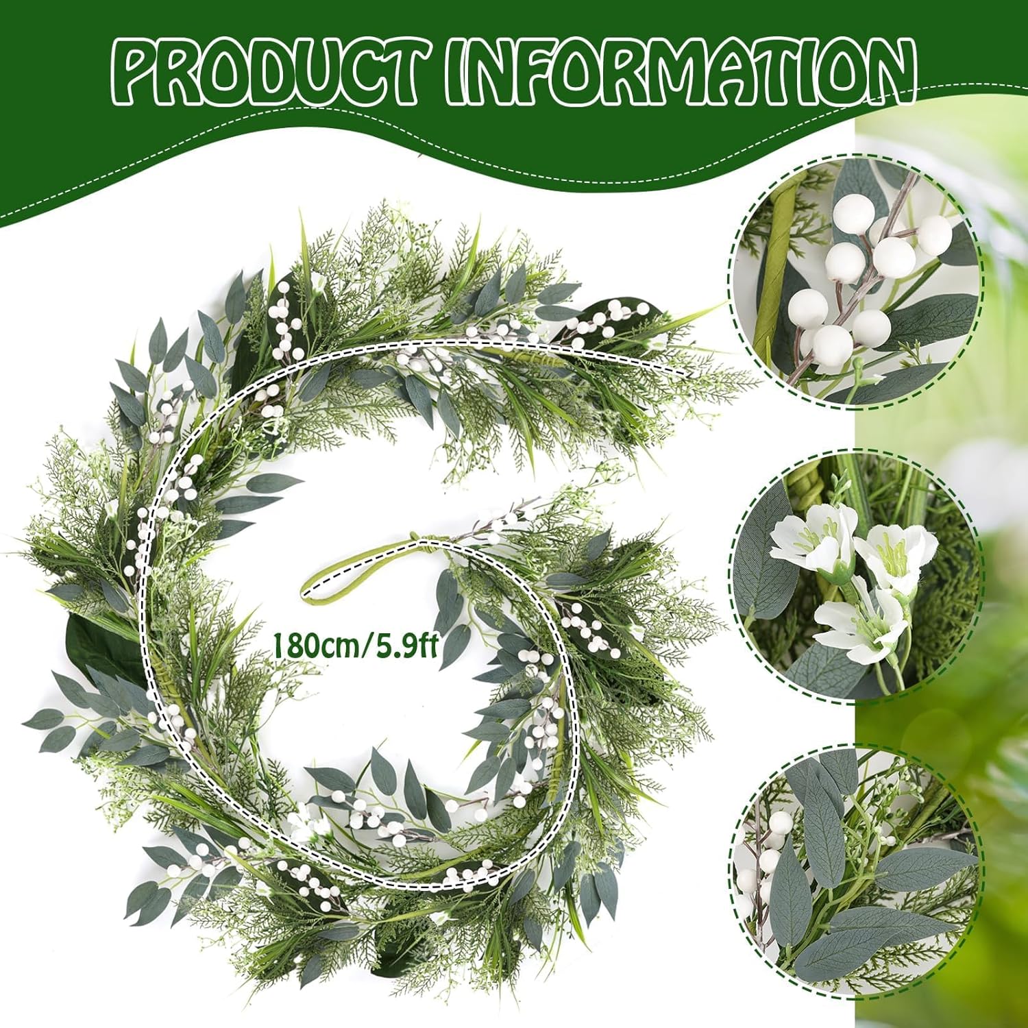 65 Ft Artificial White Flowers Garland with Berries