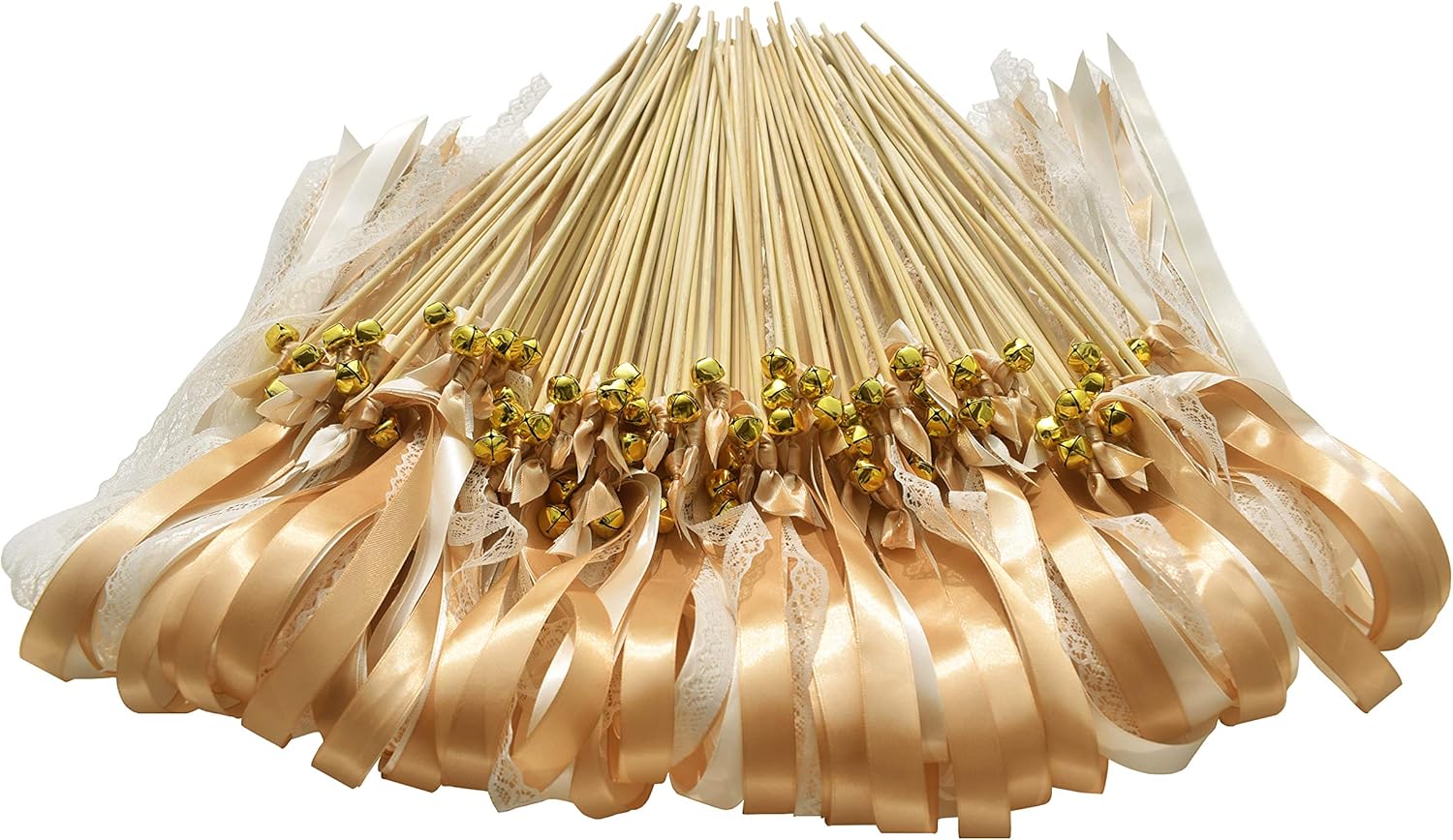 Kingsnow 50 Pack Champagne Lace Ribbon Wands with Bells Party Favors