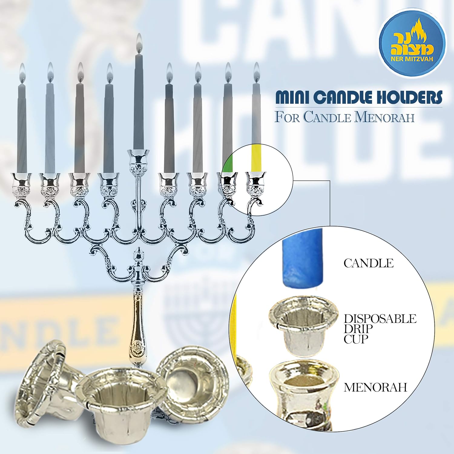 Ner Mitzvah Hanukkah Mini Candle Drip Holders - 44 Count Aluminum Insert Set