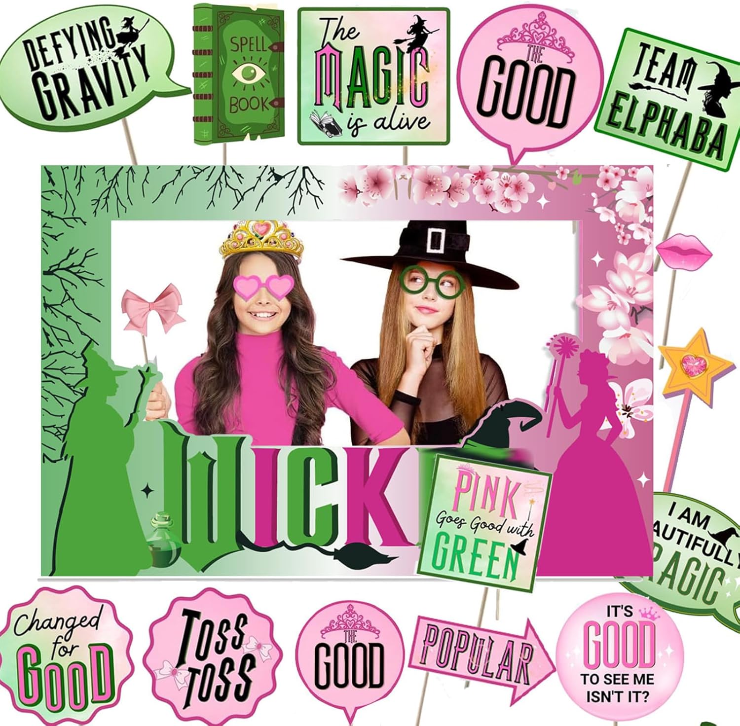 26 PCS Pink Green Wicked Party Photo Booth Props