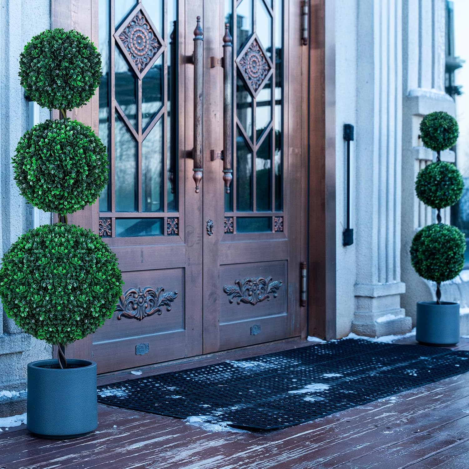 4FT Artificial Triple Ball Topiary Trees with Gray Planter Pot Set of 2