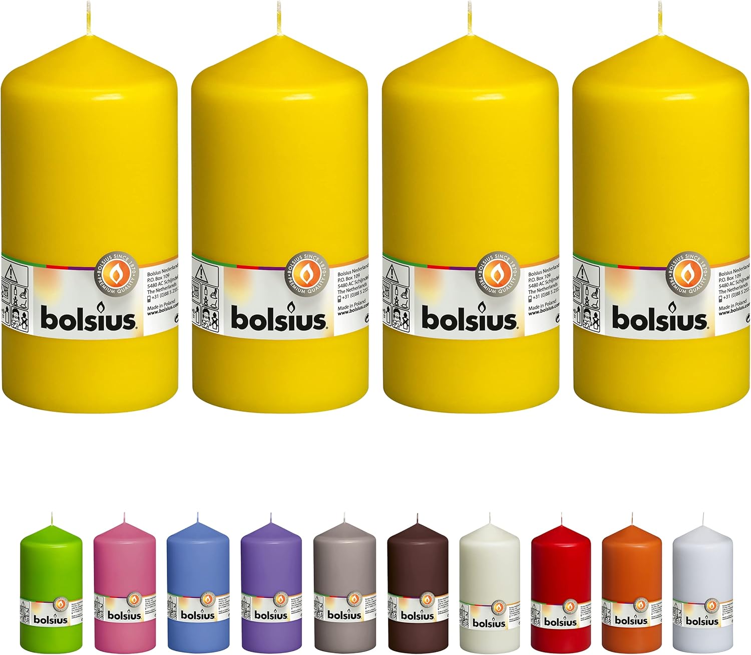 BOLSIUS 4 Yellow Pillar Candles - 3x6 Inches - Unscented