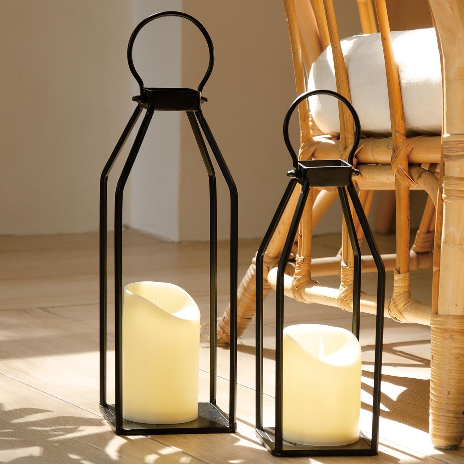 Perfnique Modern Farmhouse Lantern Decor Set of 2 Black Metal