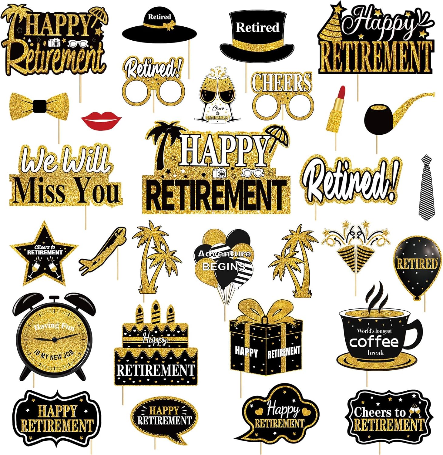 30Pcs Black Gold Retirement Photo Booth Props