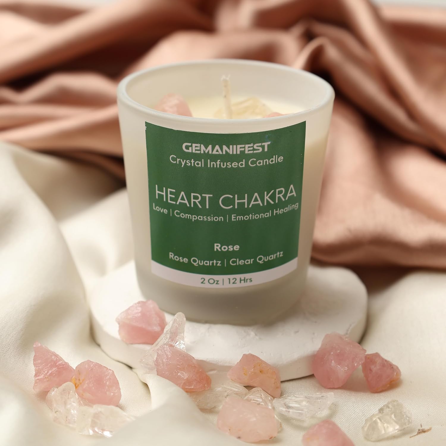 Heart Chakra Candle with Rose Quartz and Rose Scent