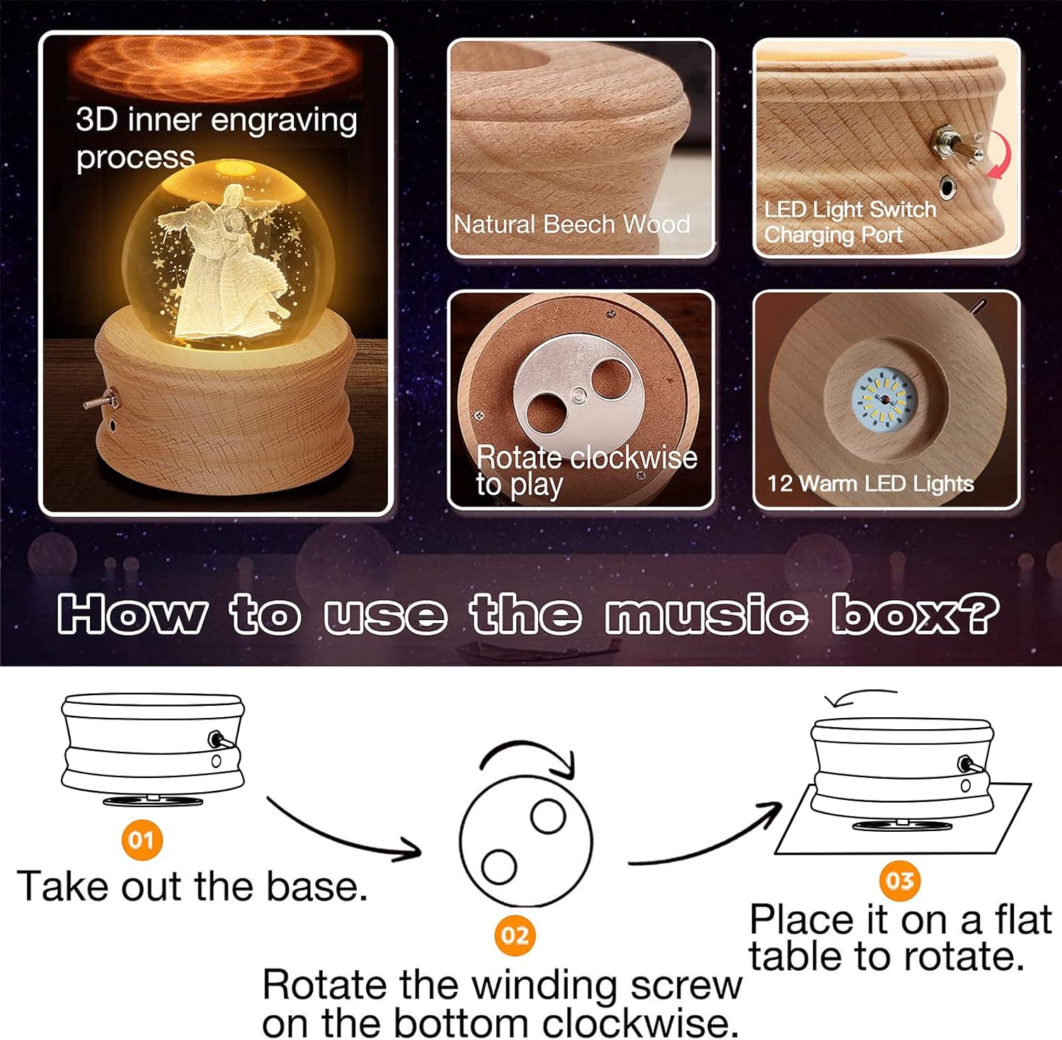 Kibuhain 3D Crystal Ball Music Box with Light and Base