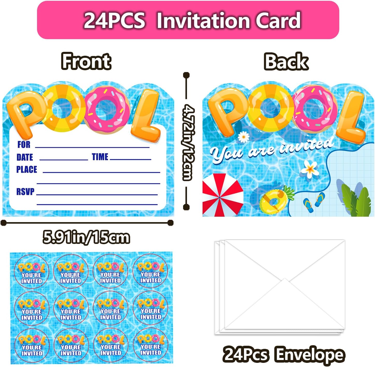 24 Pack Pool Party Invitations with Envelopes and Stickers
