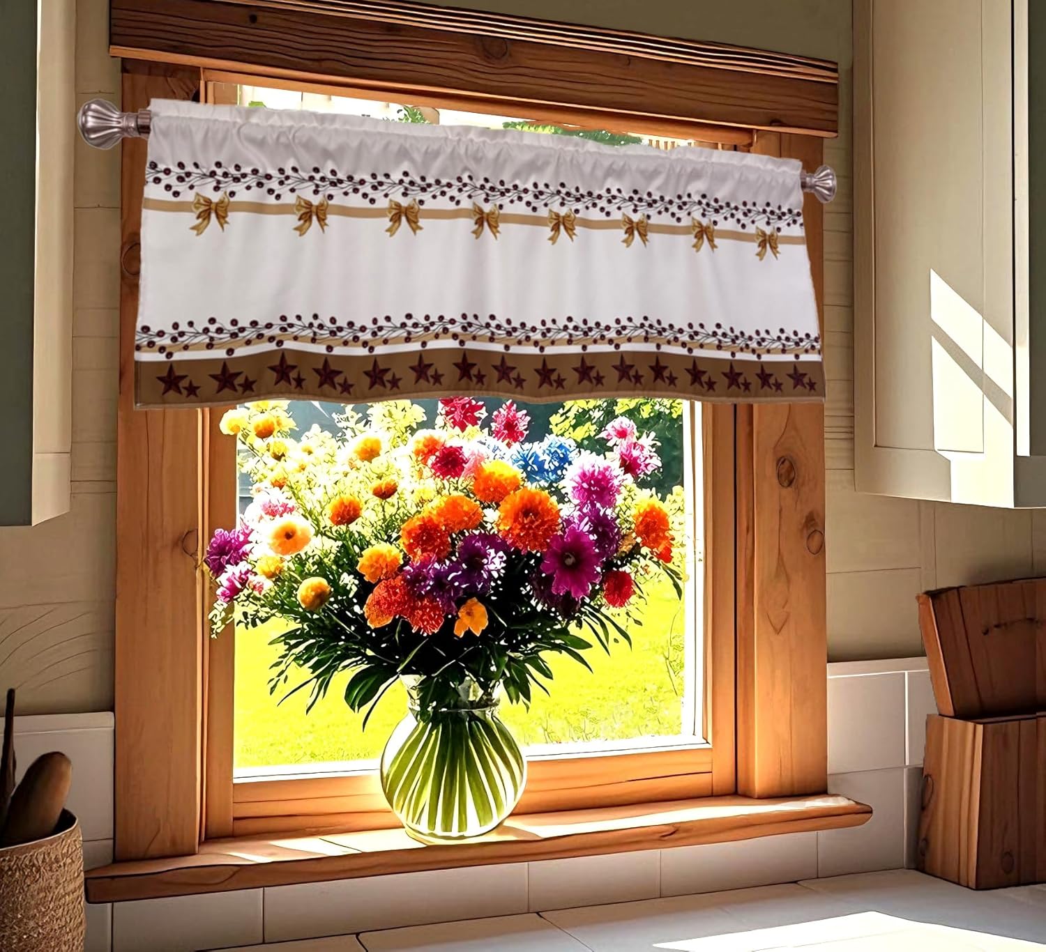 Country Stars Bows Red Berry Barn Valance Curtain for Privacy
