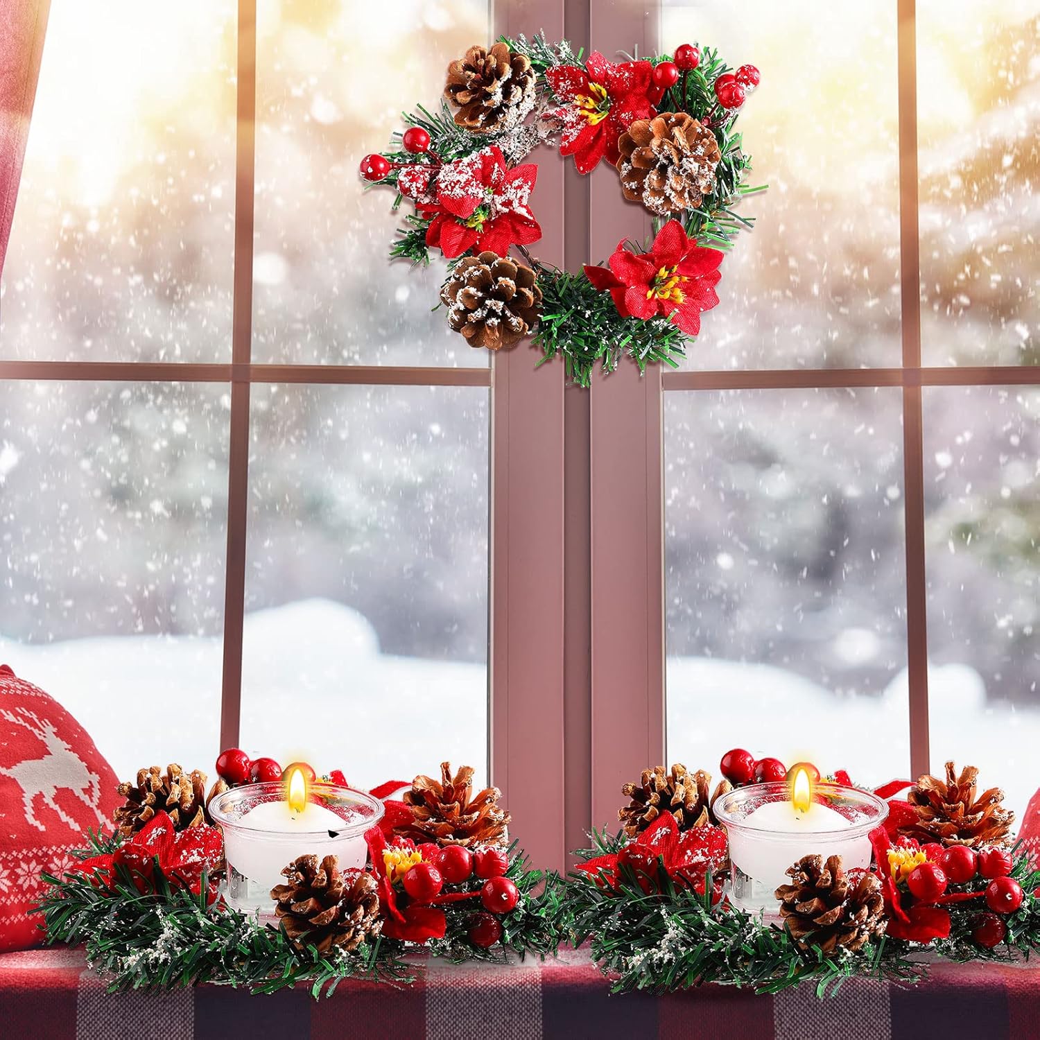 4 Pcs 7 Inch Christmas Poinsettia Candle Wreath Centerpiece Decor