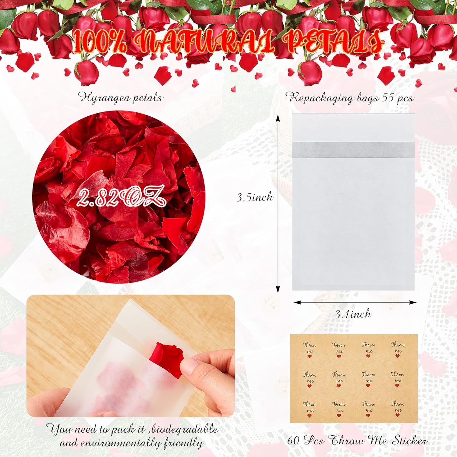 Suncalla Biodegradable Confetti Red Rose Petals 60 Pcs Wedding Decor