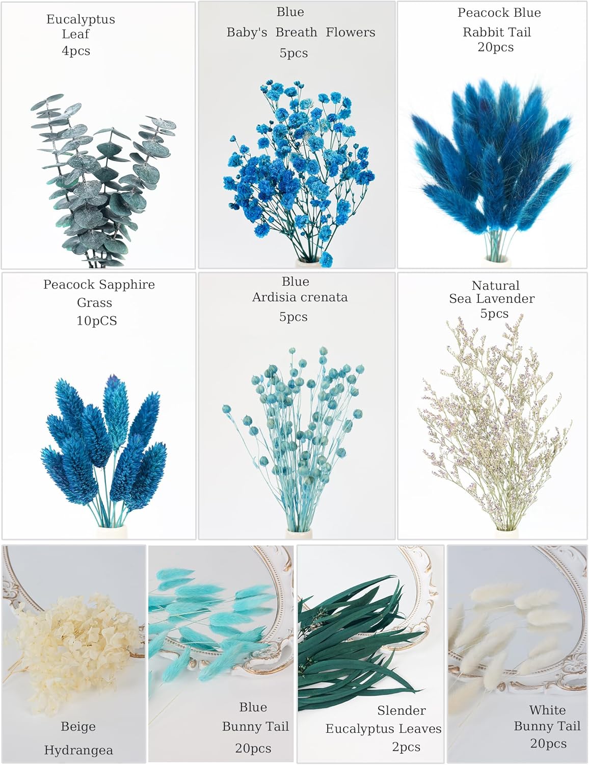 DIY Peacock Blue Dried Flower Set with Stems