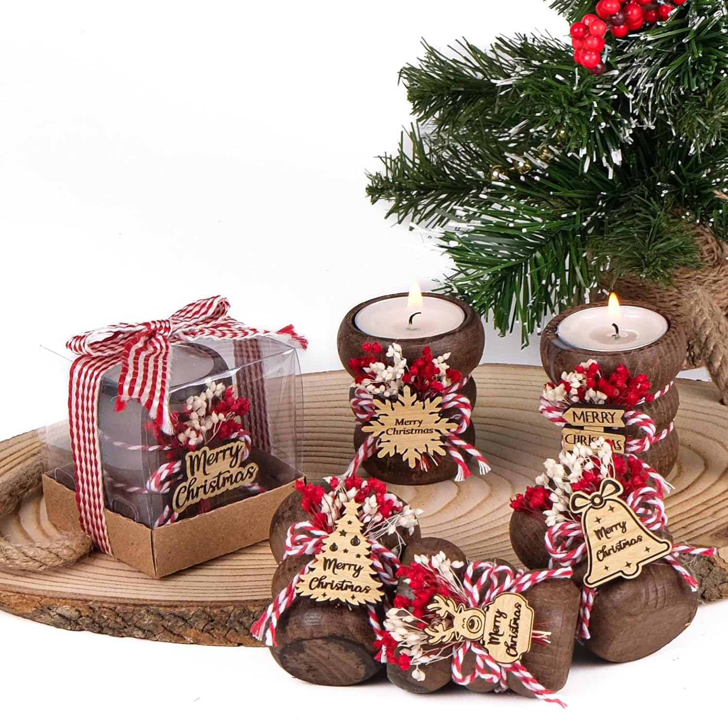 HTF Pack of 10 Christmas Decorations Wood Tealight Candle Holders