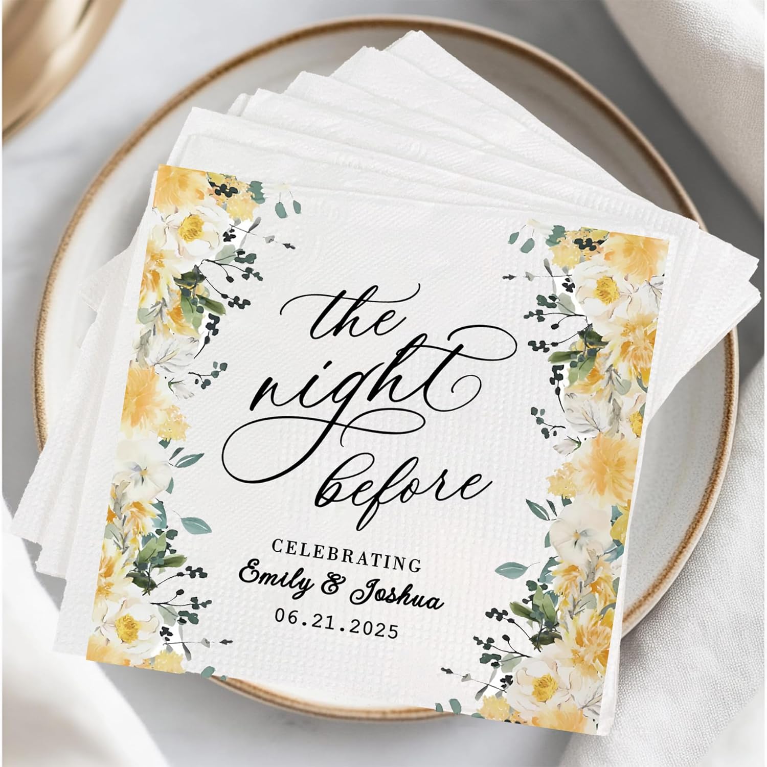 Personalized Rehearsal Dinner Napkins with Floral Design