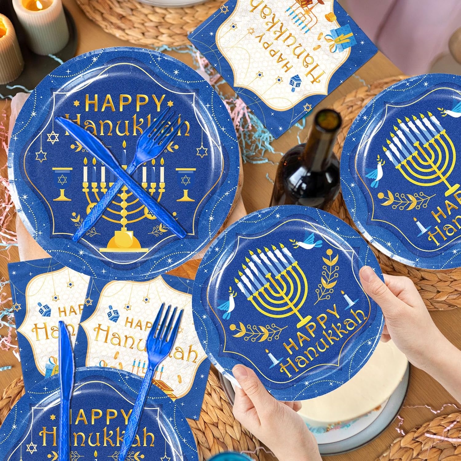 142PCS Hanukkah Party Decoration Set with Menorah Theme Tableware