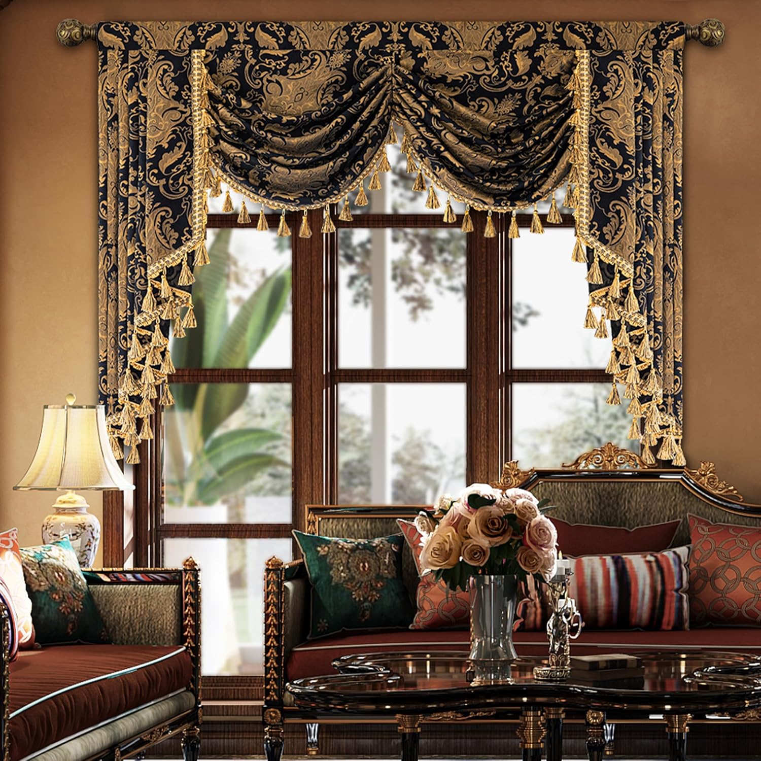 Loom and Mill Luxury Waterfall Valance 59 Inch Black Damask Swag