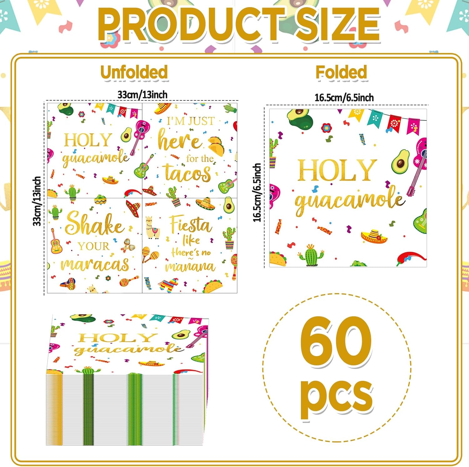 60Pcs Mexican Fiesta Party Napkins with Taco Design