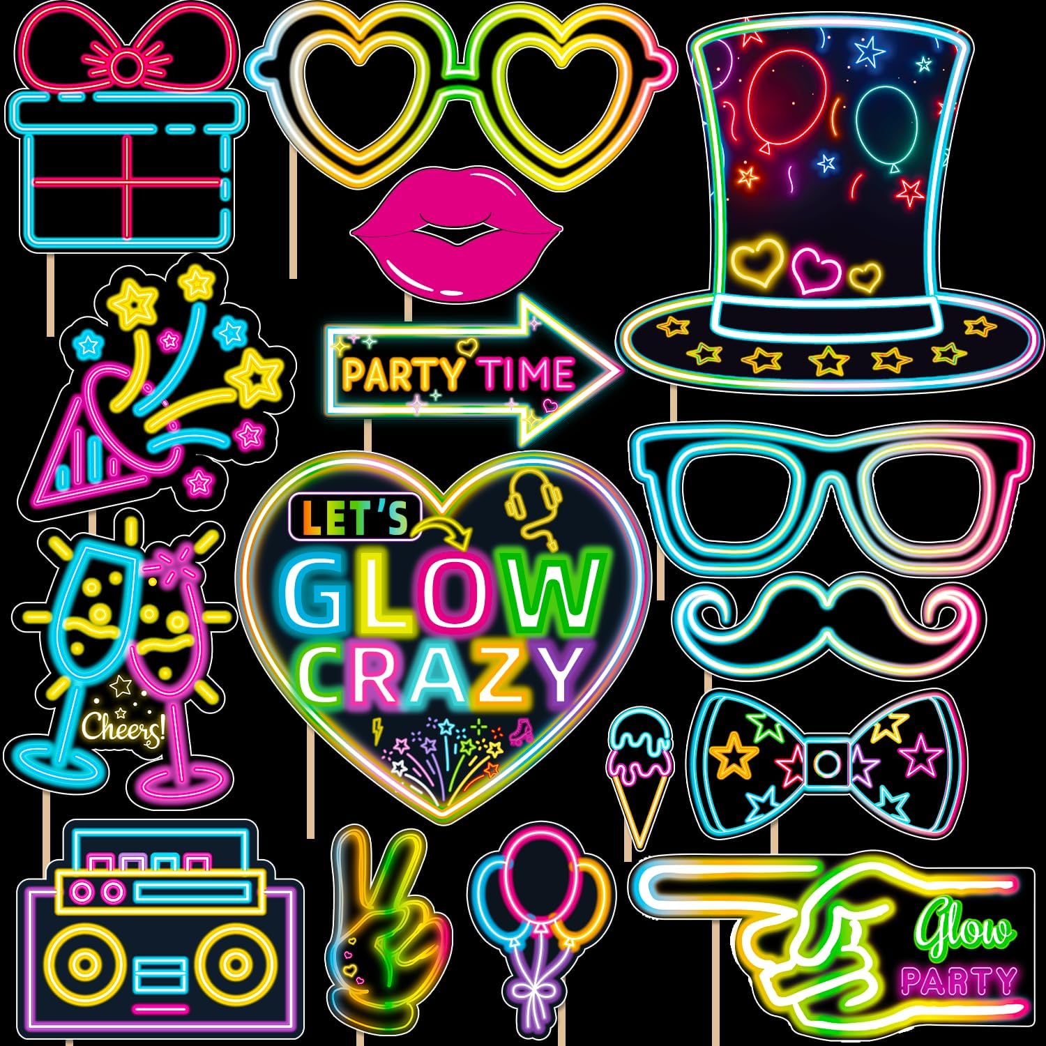 Wilburies Neon Glow Photo Booth Props Kit