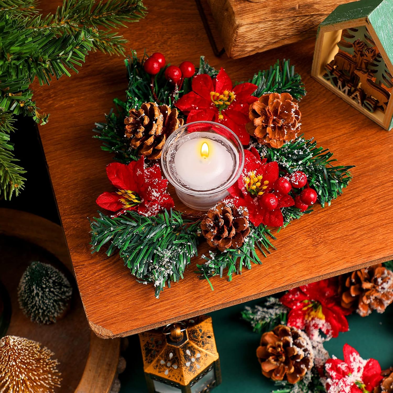 4 Pcs 7 Inch Christmas Poinsettia Candle Wreath Centerpiece Decor