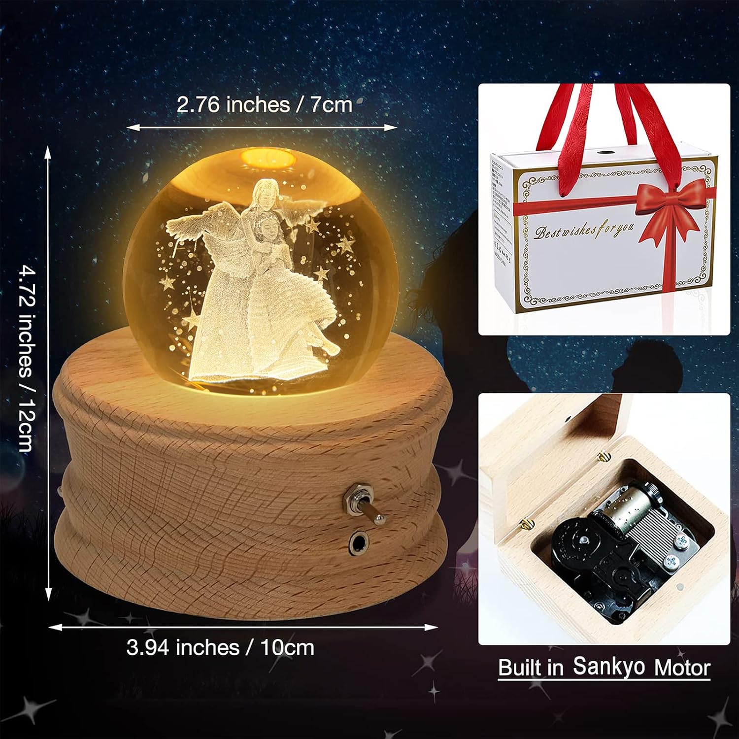 Kibuhain 3D Crystal Ball Music Box with Light and Base