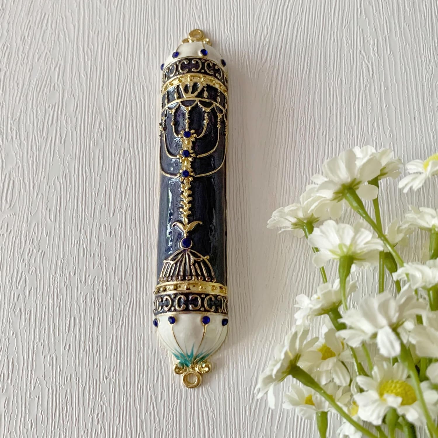 Exquisite Black and Gold Mezuzah with Blue Crystal Accent