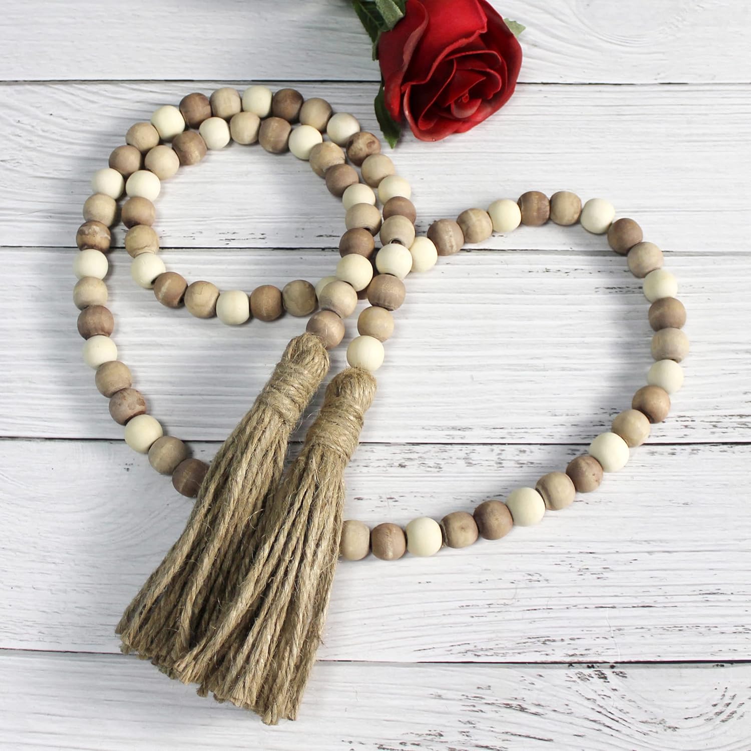 Wood Beads Garland with Tassels Farmhouse Decor Wall Hanging Accent