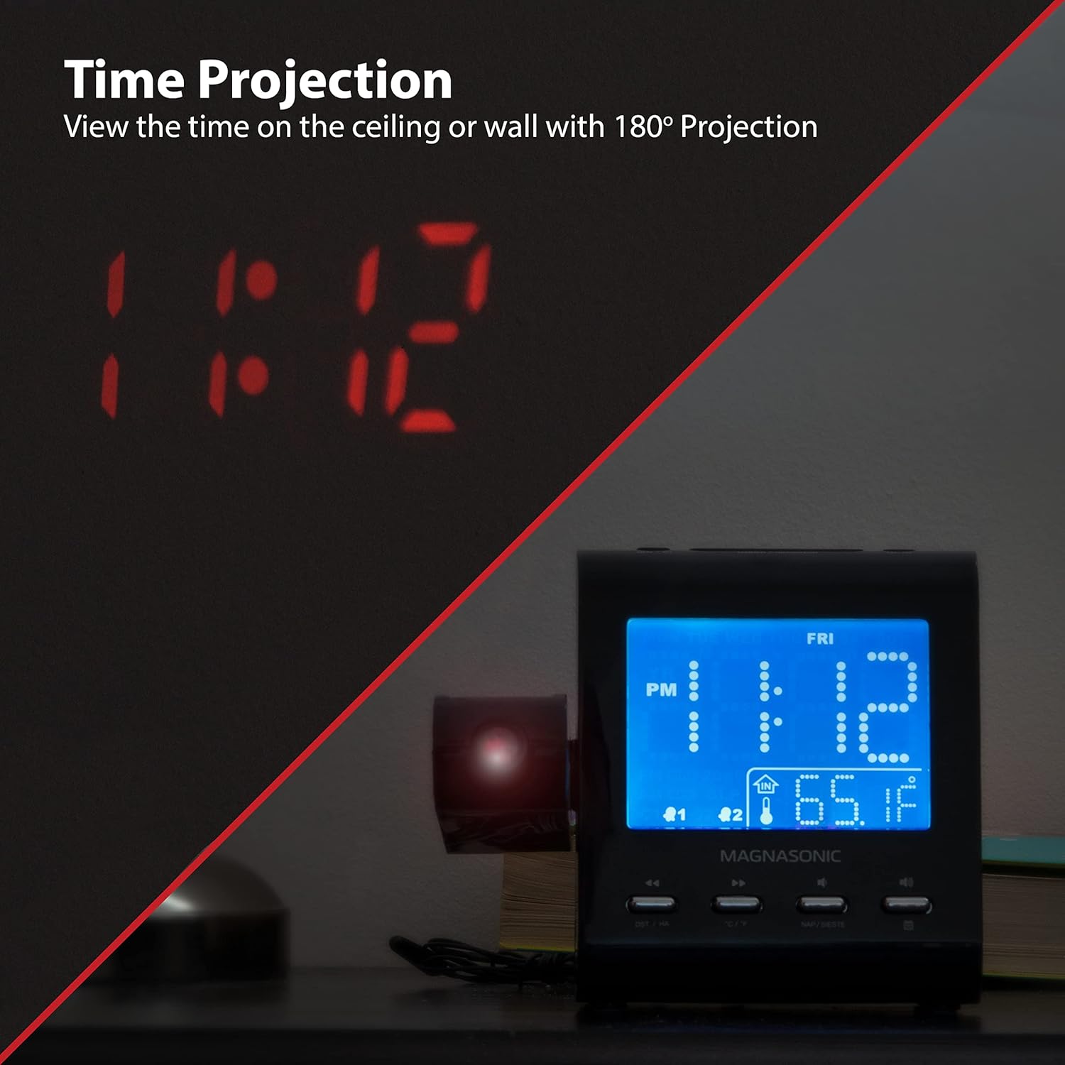 Magnasonic Projection Alarm Clock with AMFM Radio and Dual Alarm - White