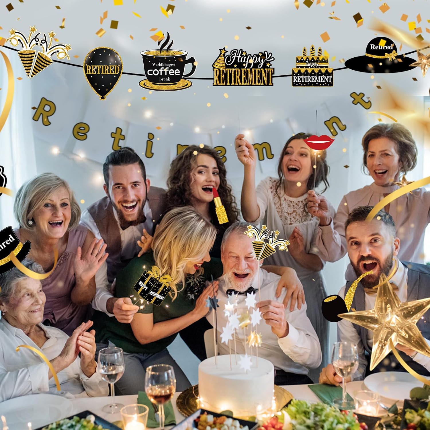 30Pcs Black Gold Retirement Photo Booth Props