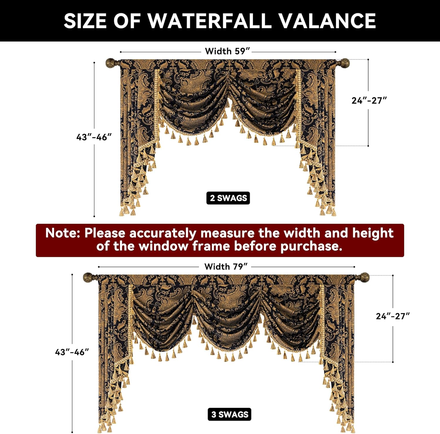 Loom and Mill Luxury Waterfall Valance 59 Inch Black Damask Swag