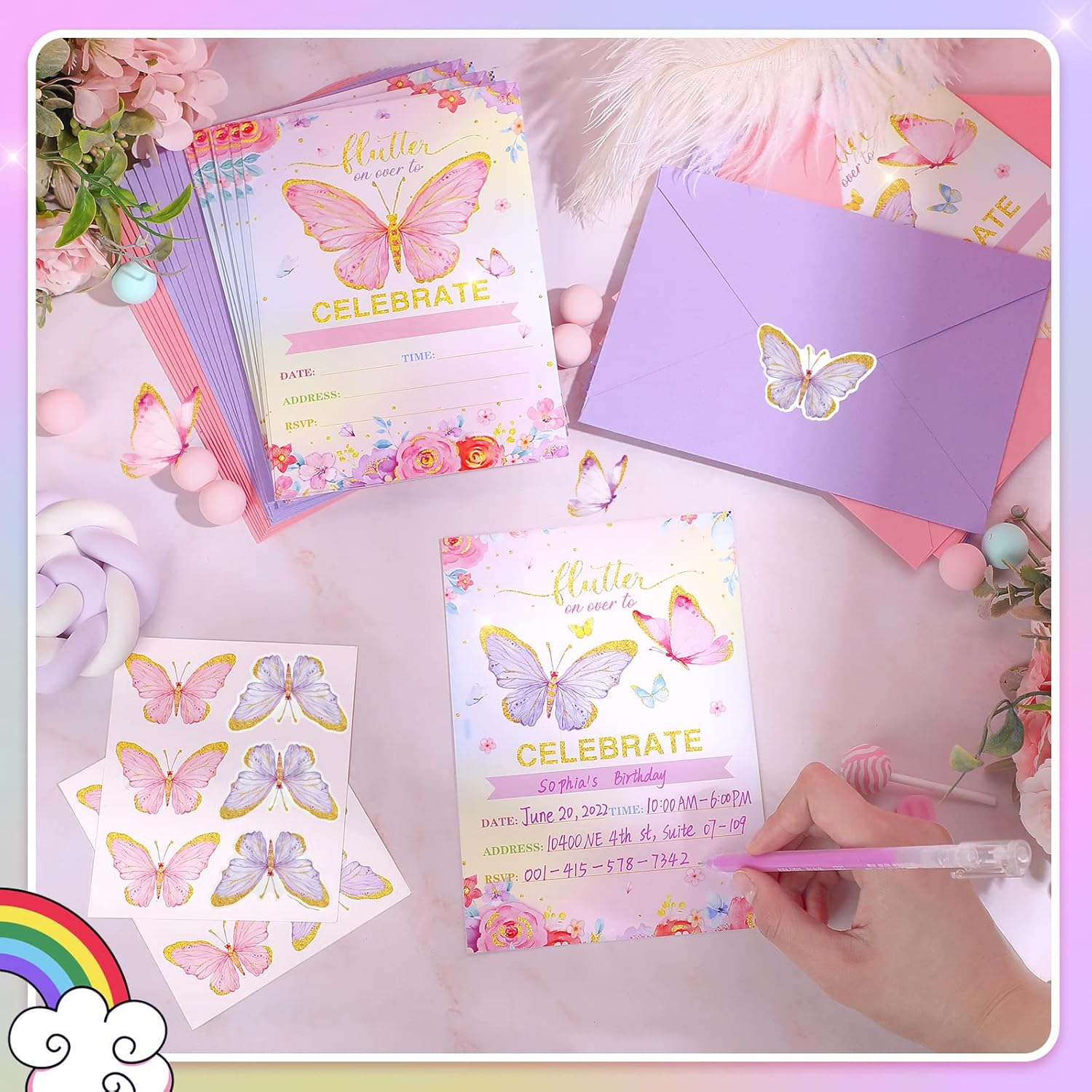 Sepamoon 24 Pack Butterfly Birthday Invitations with Envelopes and Stickers Pink