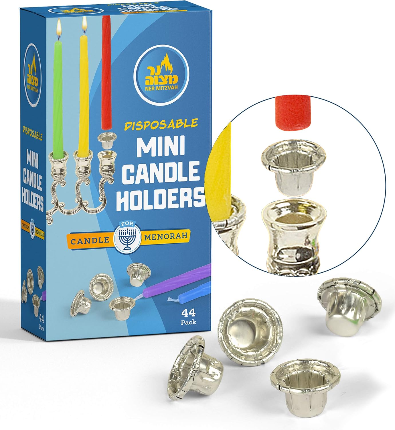 Ner Mitzvah Hanukkah Mini Candle Drip Holders - 44 Count Aluminum Insert Set
