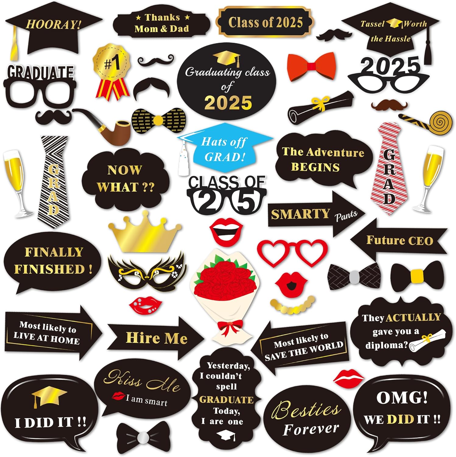 Graduation Photo Booth Props 50Count Black Gold