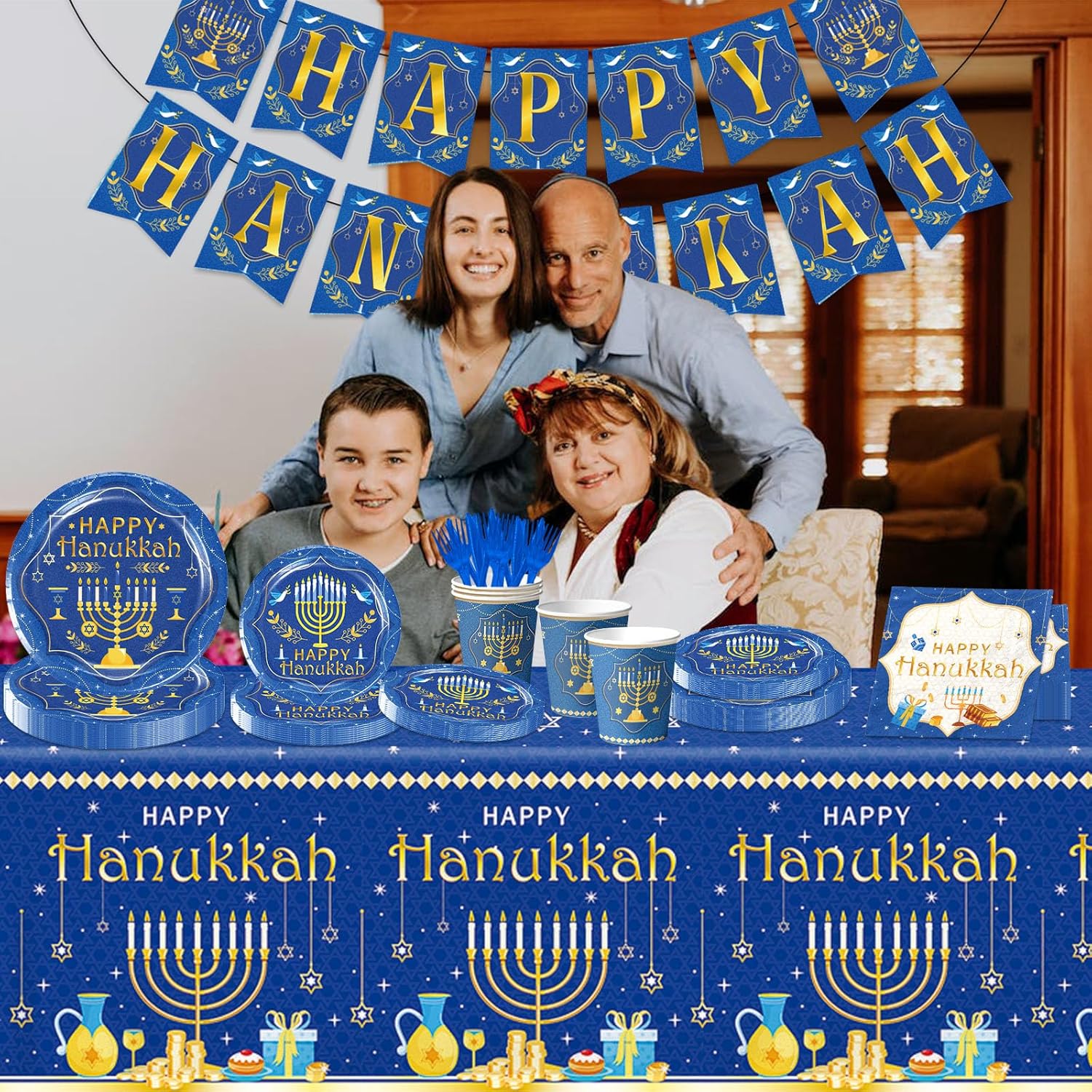 142PCS Hanukkah Party Decoration Set with Menorah Theme Tableware