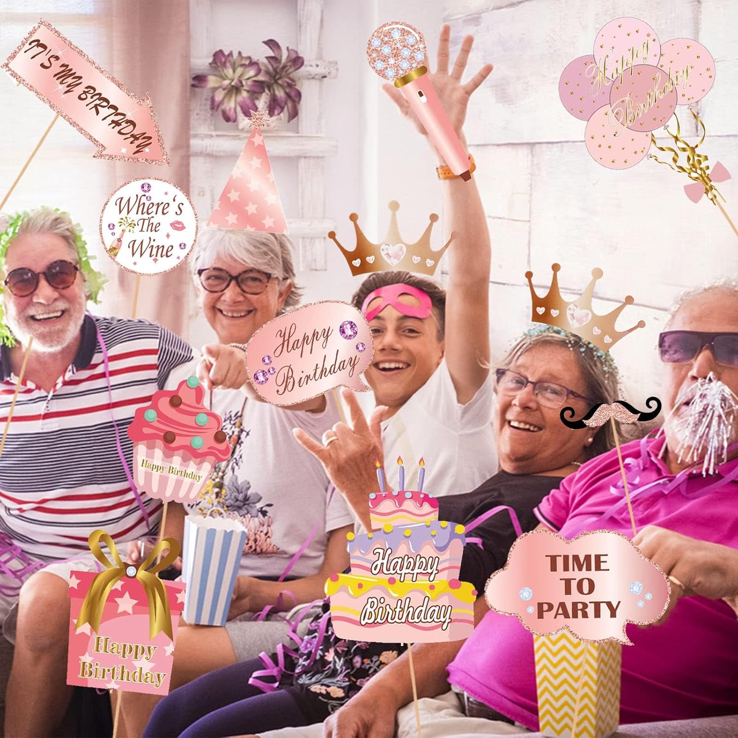 33PCS Glitter Rose Gold Photo Booth Props for Birthday