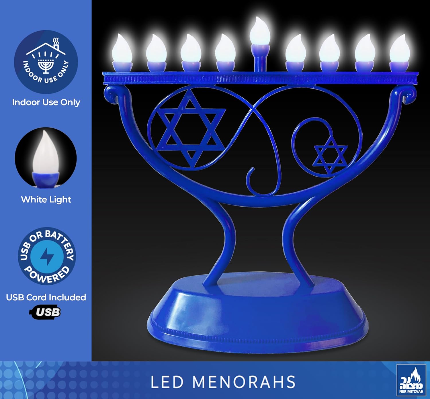 Ner Mitzvah LED Blue Hanukkah Menorah
