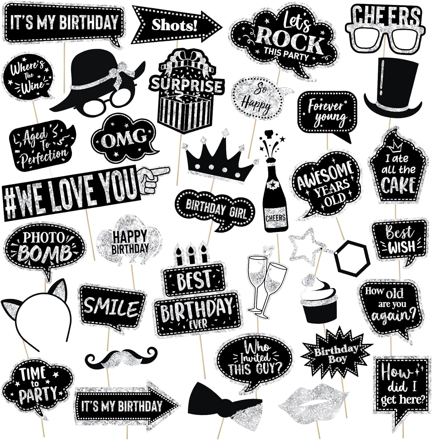 Outus 36 Pcs Birthday Photo Booth Props Kit