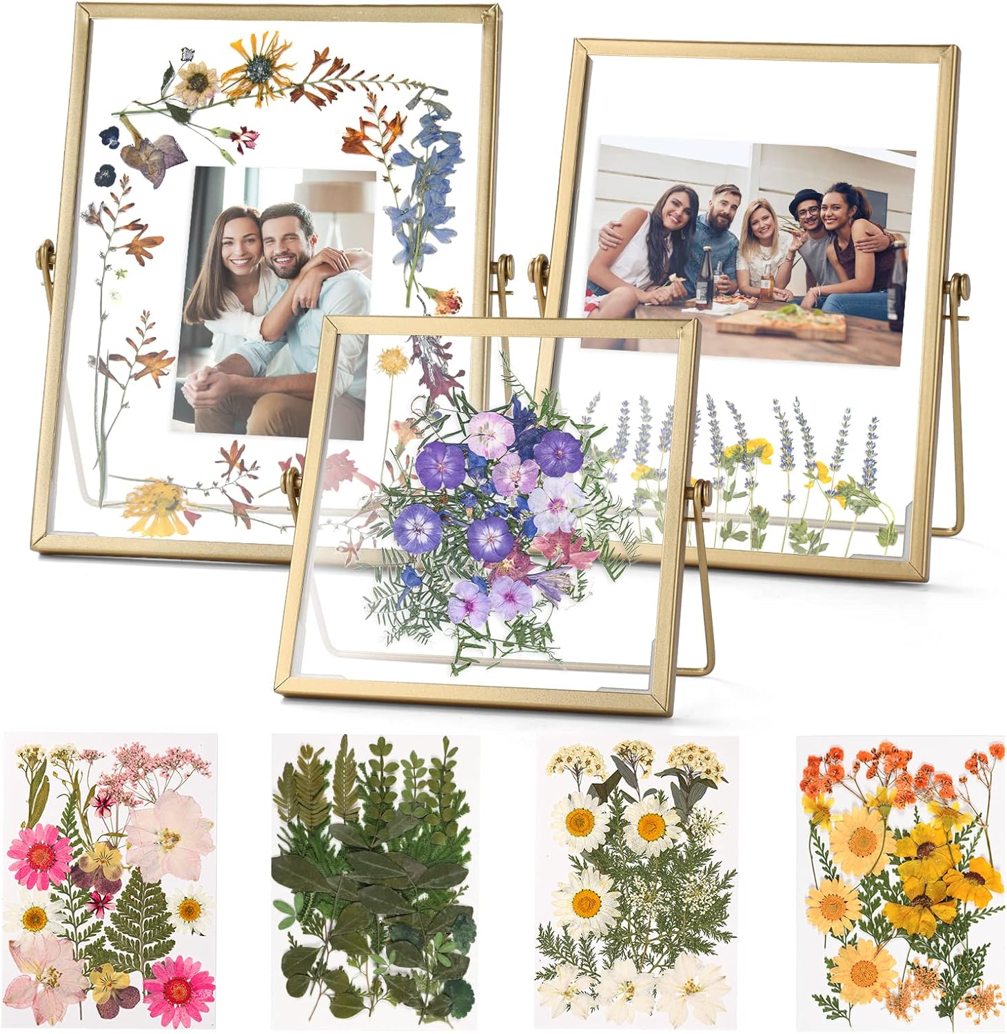 Gold Floating Frame Set with 68 Dried Flowers and Tweezer