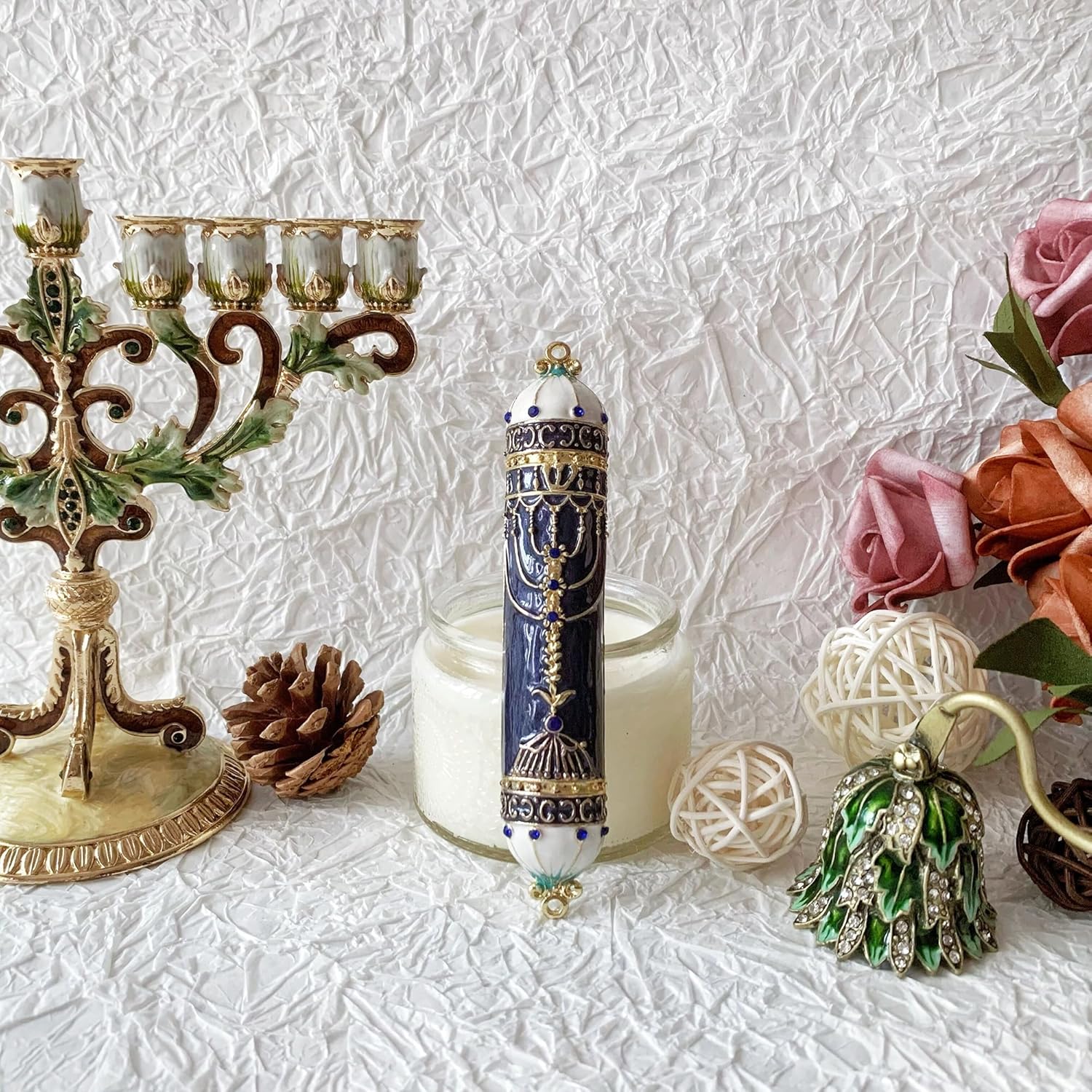Exquisite Black and Gold Mezuzah with Blue Crystal Accent