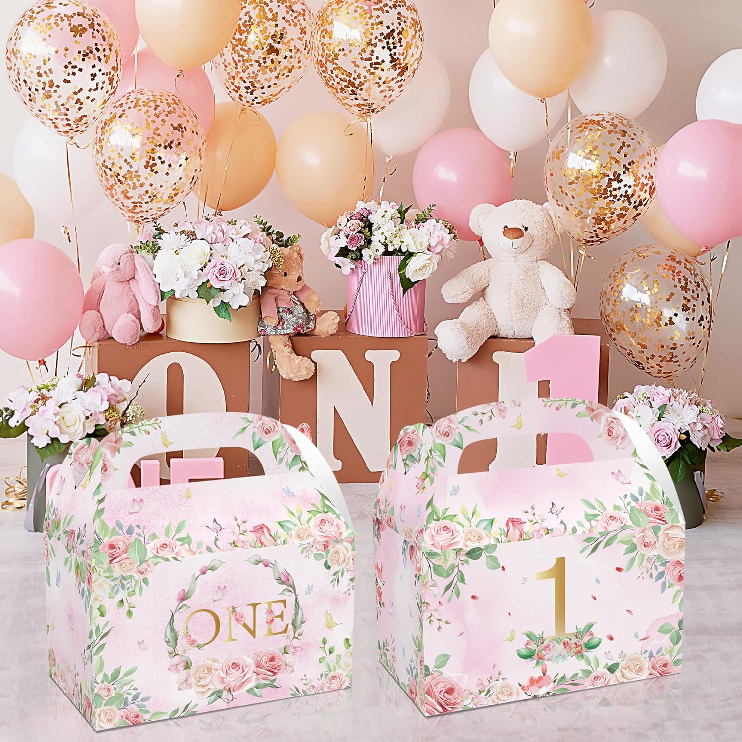 1st Birthday Girl Treat Box Party Favors Set of 12 Pink