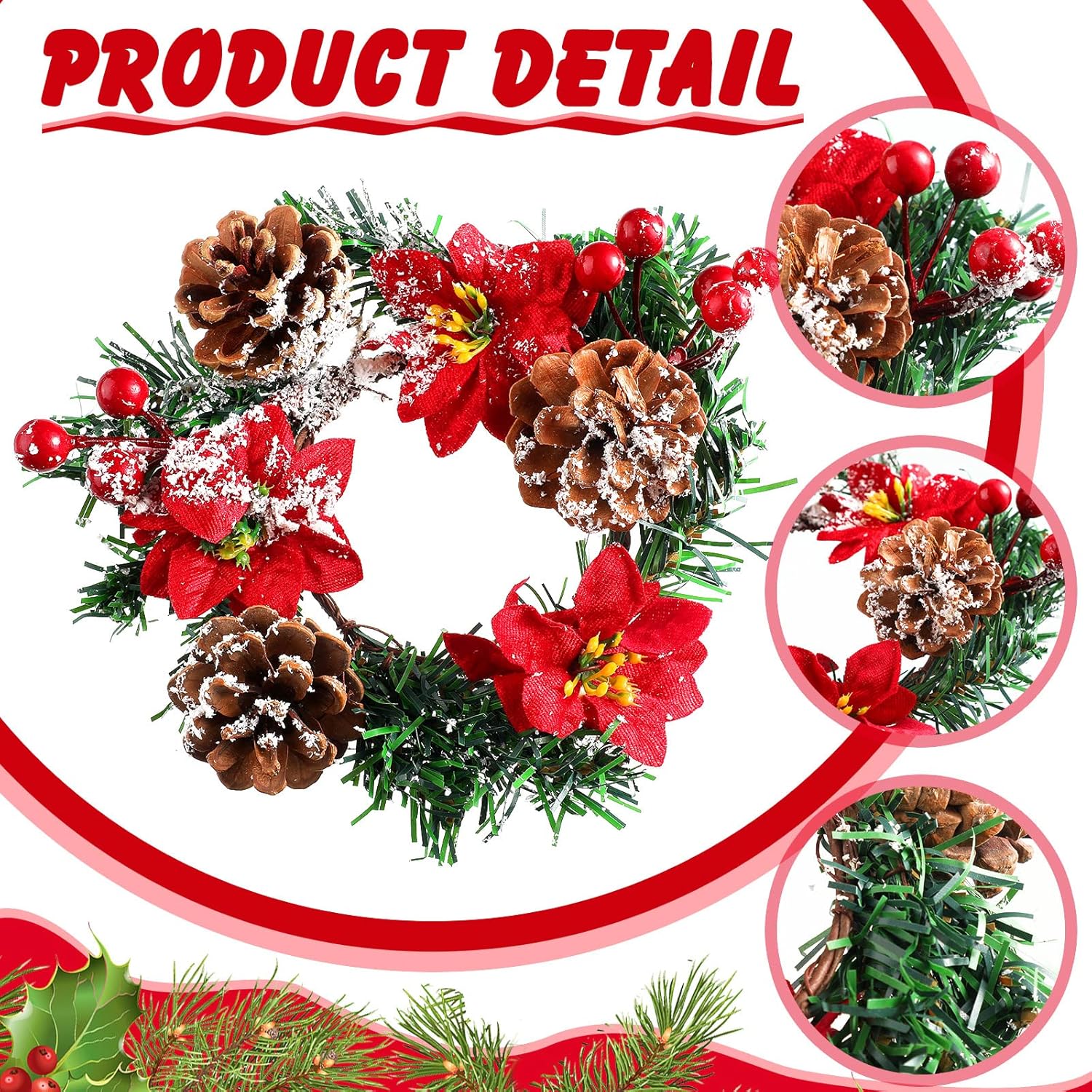 4 Pcs 7 Inch Christmas Poinsettia Candle Wreath Centerpiece Decor