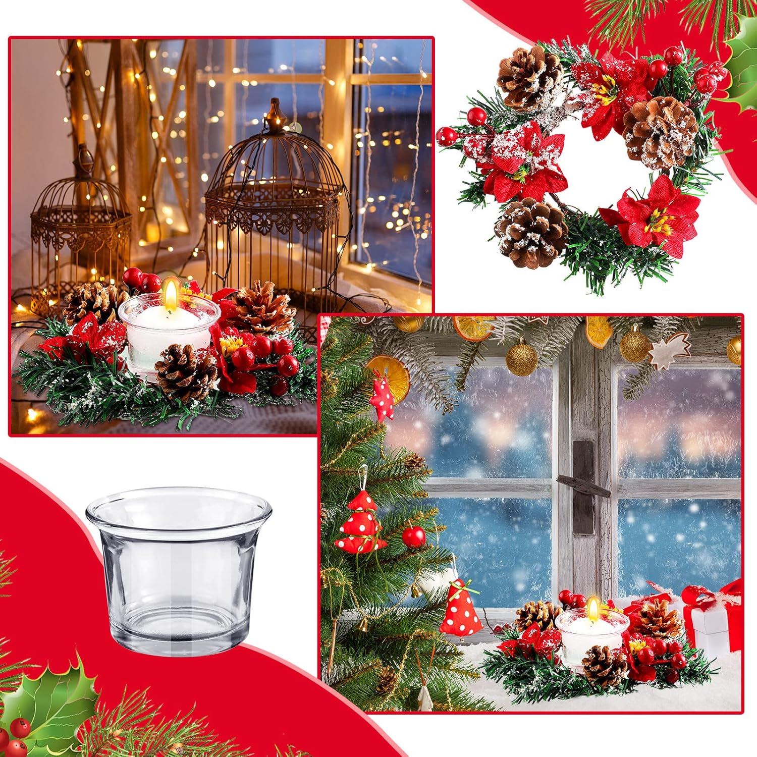 4 Pcs 7 Inch Christmas Poinsettia Candle Wreath Centerpiece Decor