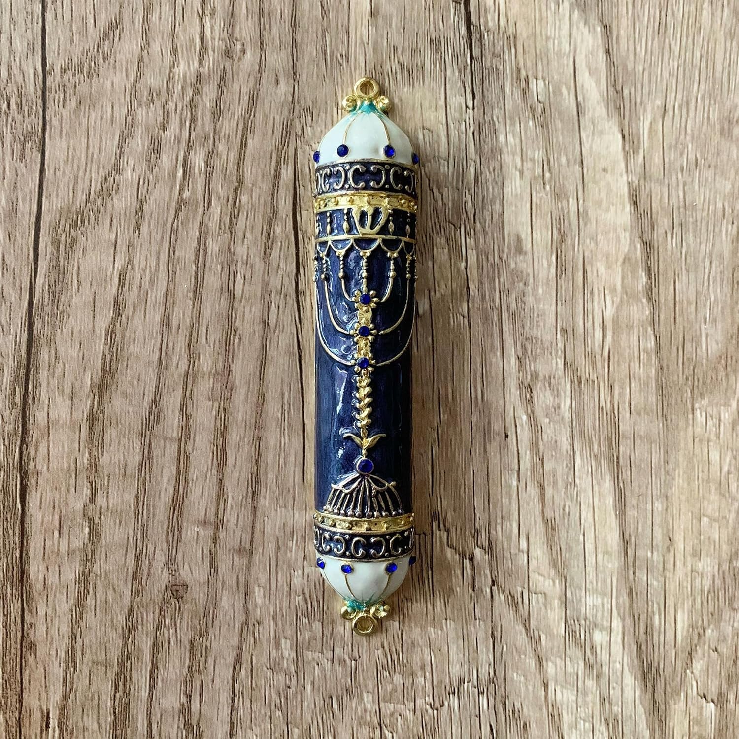 Exquisite Black and Gold Mezuzah with Blue Crystal Accent