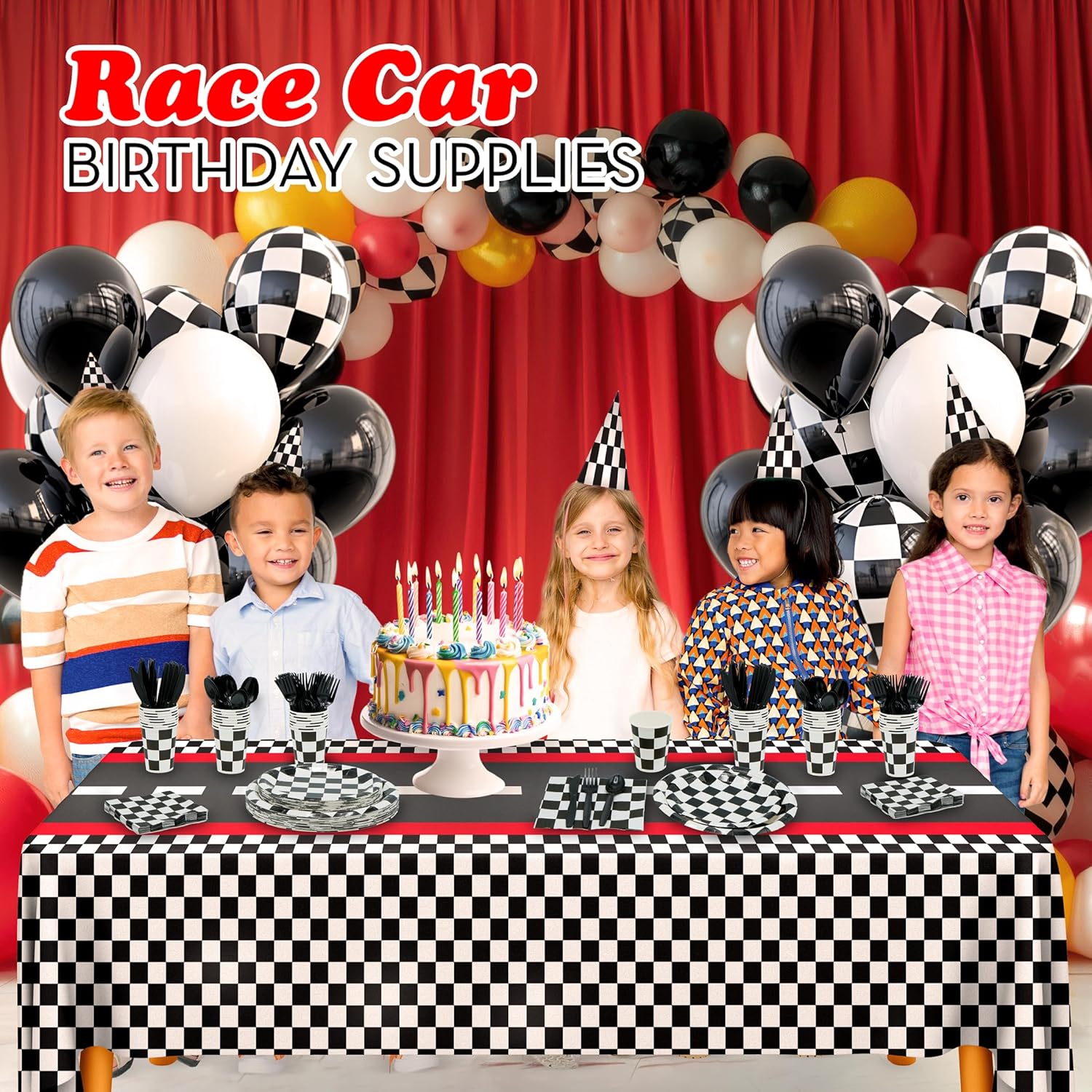 Checkered Party Supplies Set Serves 24 for Race Car Themed Events