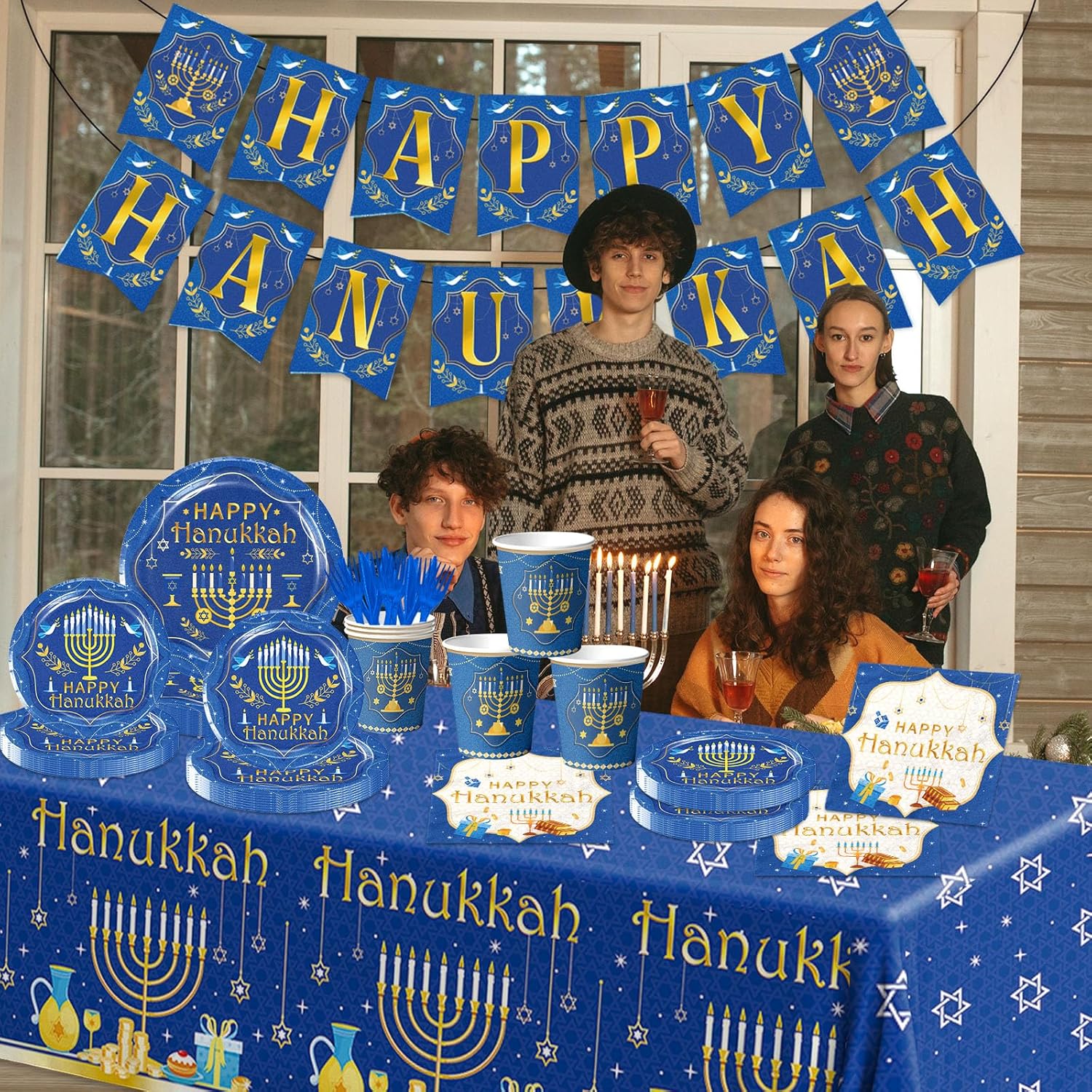 142PCS Hanukkah Party Decoration Set with Menorah Theme Tableware