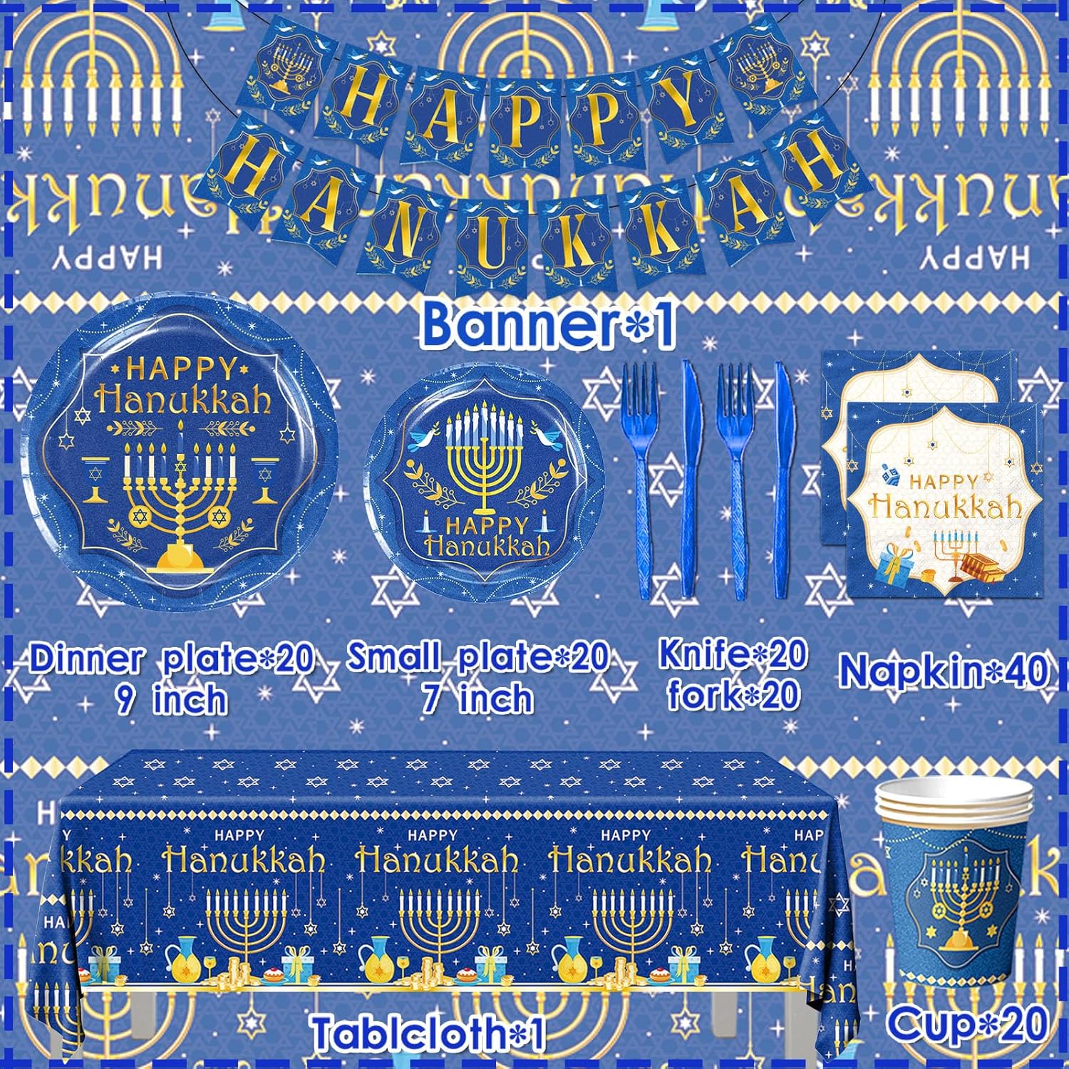 142PCS Hanukkah Party Decoration Set with Menorah Theme Tableware