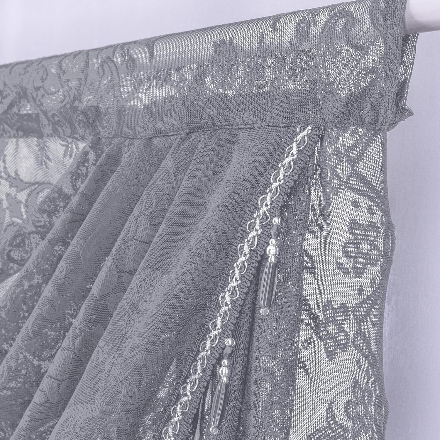 Elegant Grey Lace Valance with Bead Tassels 39x41