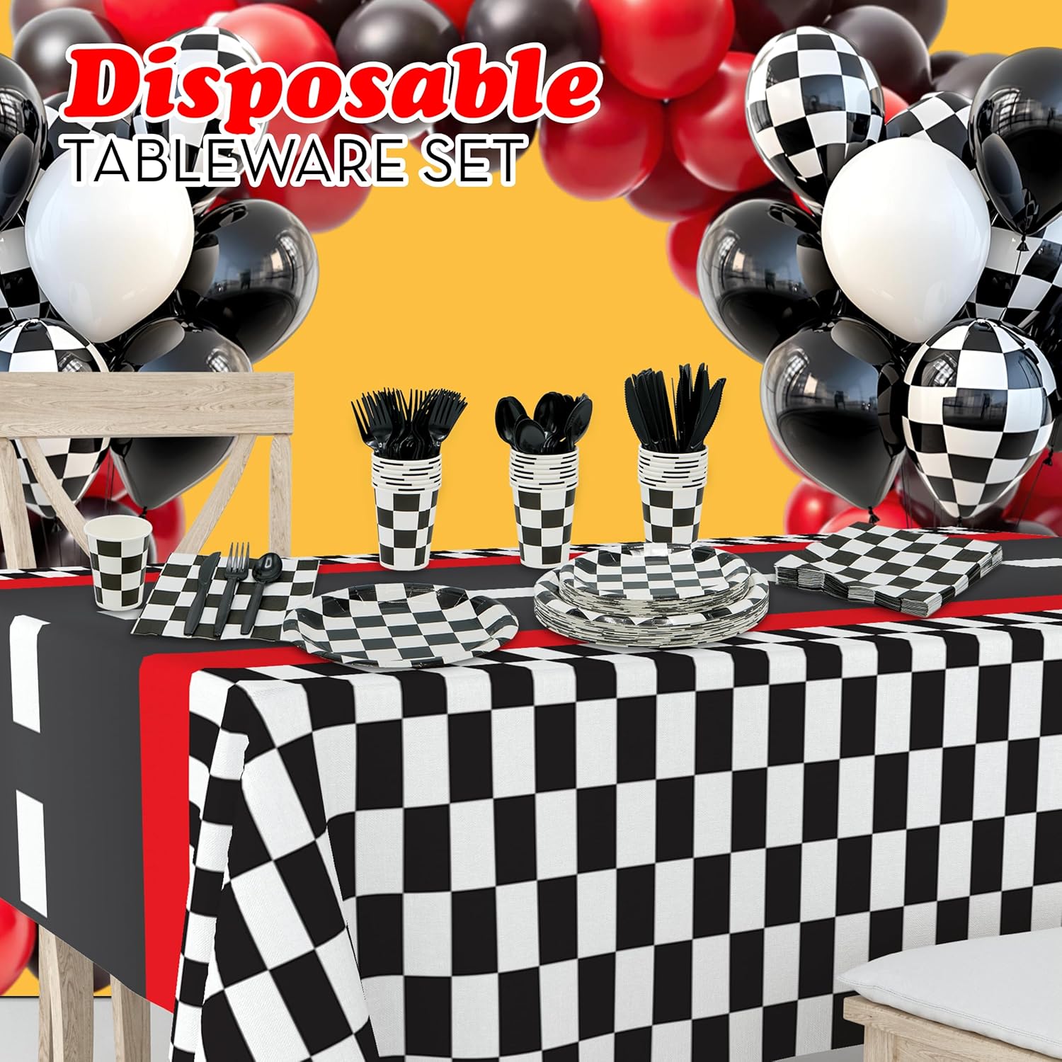 Checkered Party Supplies Set Serves 24 for Race Car Themed Events