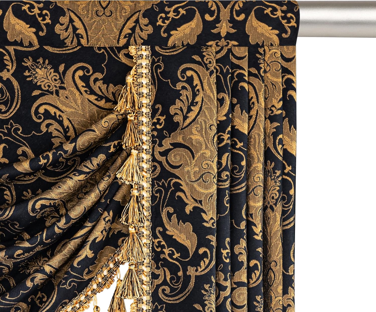 Loom and Mill Luxury Waterfall Valance 59 Inch Black Damask Swag